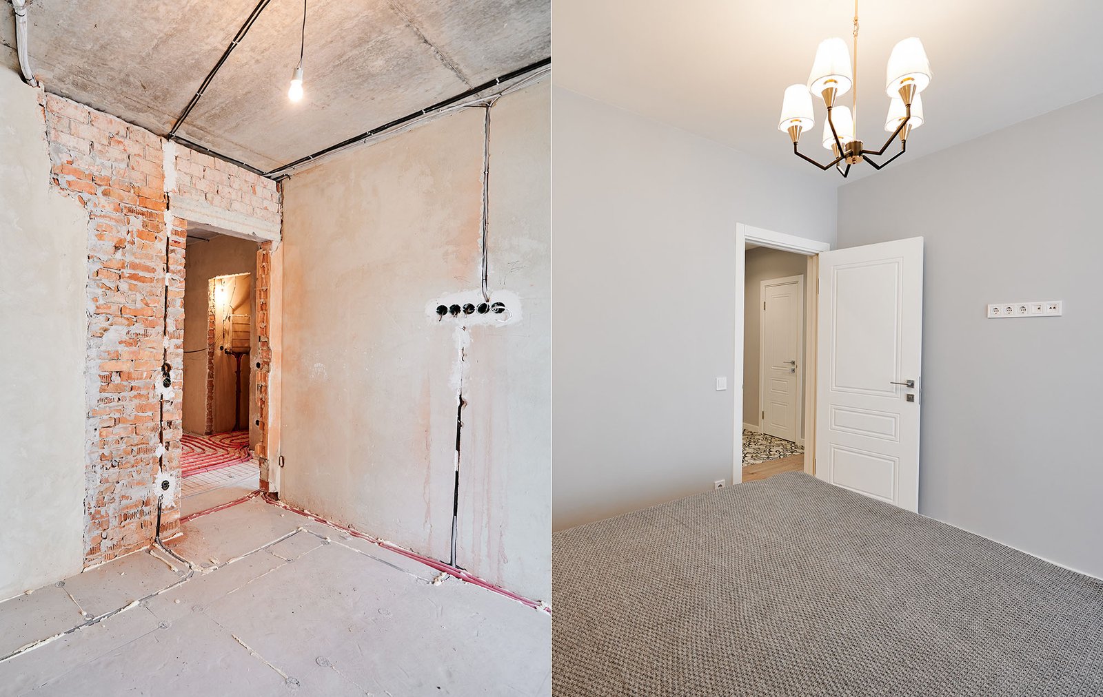 Photo collage of apartment room before and after restoration or refurbishment. Old room with doorway and new renovated living room with parquet floor and elegant interior design.